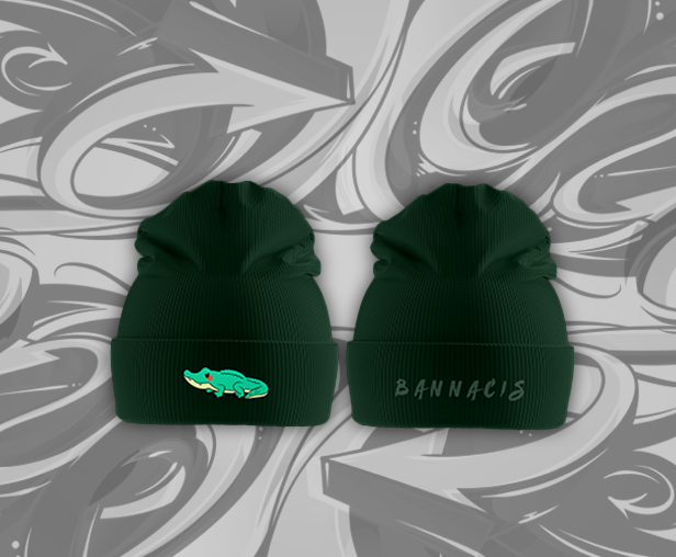 dark green beanie with cartoon gator