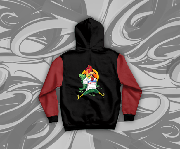 multi color chicken hoodie. Red and black with chicken on back