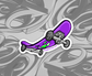 sticker of a purple skateboard with jack o lantern face on deck