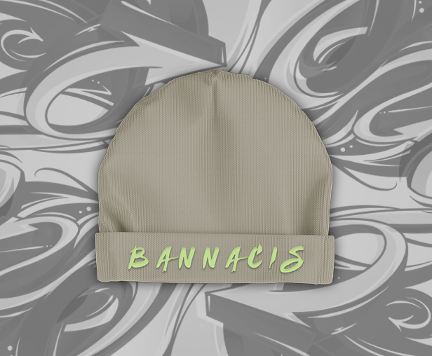 tan beanie hat, lime green Bannacis text